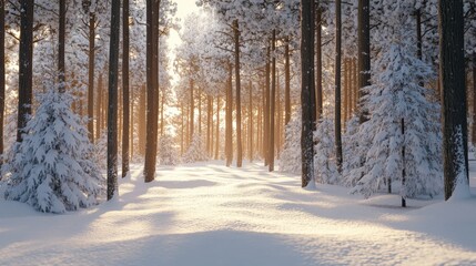 Naklejka premium Sunlight filters through tall pine trees, illuminating a tranquil snowy forest on a peaceful winter morning