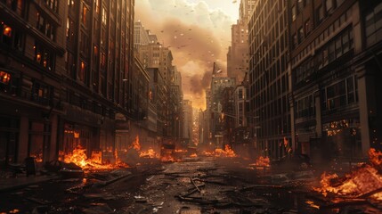 Naklejka premium Photorealistic Burned City Street with No Life, Apocalyptic Scene