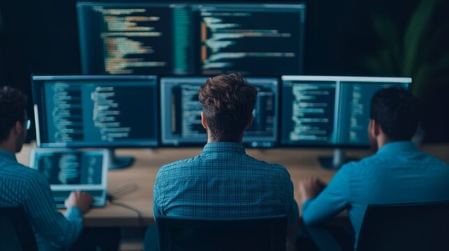 diverse group of developers collaborating on a cryptocurrency platform code, fintech creation, blockchain technology teamwork