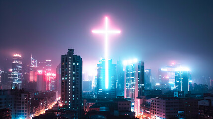Fototapeta premium Neon glowing cross religion symbol above modern city skyscrapers night cityscape religion concept futuristic city urban view cyberpunk style night scenery faith hope jesus christ christianity