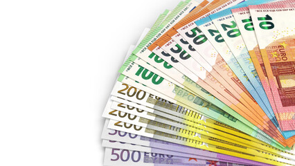 Fan arrangement of Euro currency banknotes in various denominations