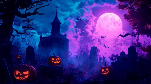 Jack O' Lanterns in a Haunted Graveyard on a Spooky Night