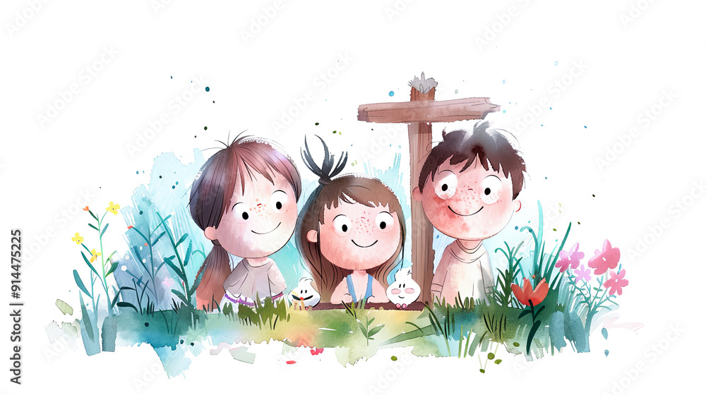 Wall mural three happy kids nature love childhood fun illustration watercolor painting floral green grass backg