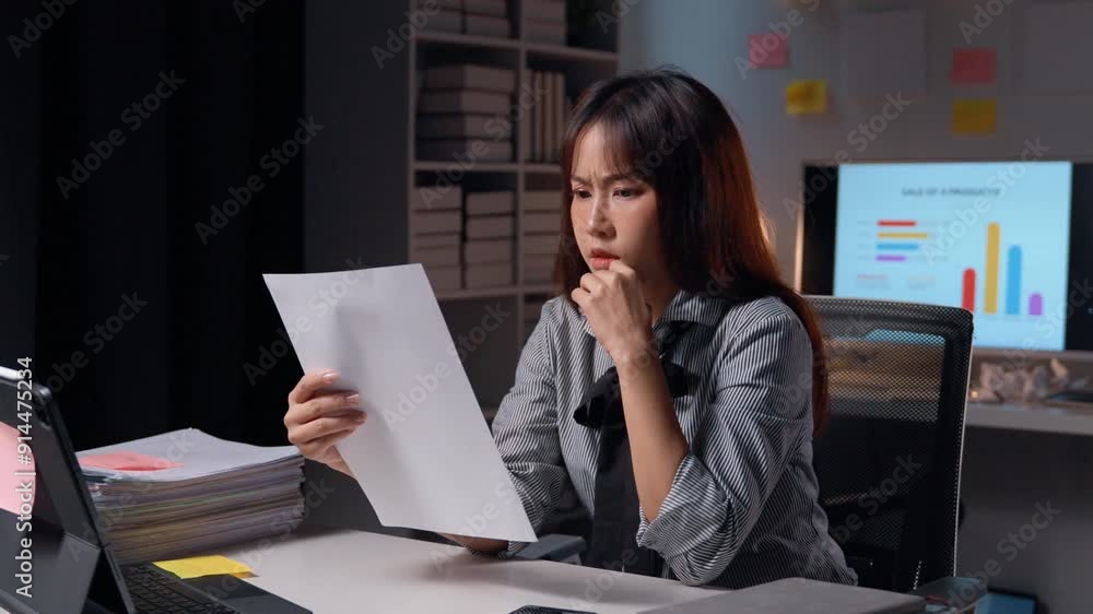 Aufkleber Office worker analyzing financial report with concern in late evening. Focused on data and statistics, showing stress and determination