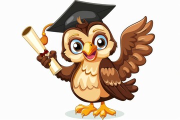 Naklejka premium A joyful owl in a graduation cap and holding a diploma, expressing the joy of academic achievement on a white background.