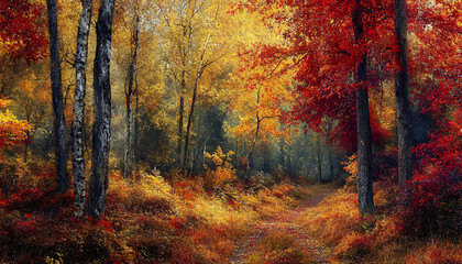 Fototapeta premium A serene and colorful autumn forest scene with vibrant leaves and peaceful atmosphere, suitable for nature and seasonal themes.