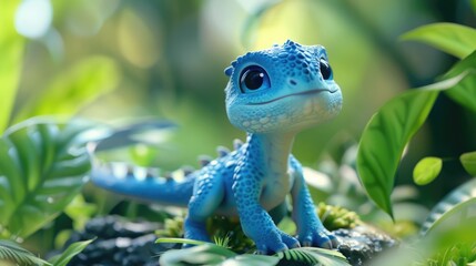 Obraz premium Cute Adorable Whimsical 3D Cartoon Baby dragon Character in a Vibrant Natural Green Environment, Children-Friendly Fantasy Style
