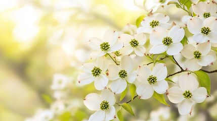 Obraz premium White flowers of a dogwood tree in full bloom, creating a graceful backdrop with plenty of copy space.