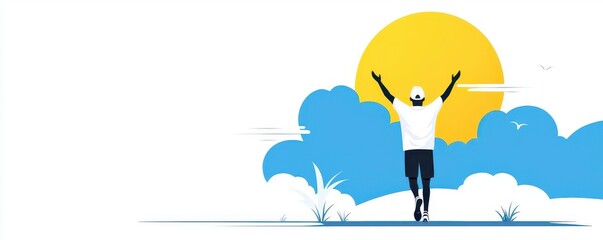 Triumphant marathon runner, arms raised, flat design illustration