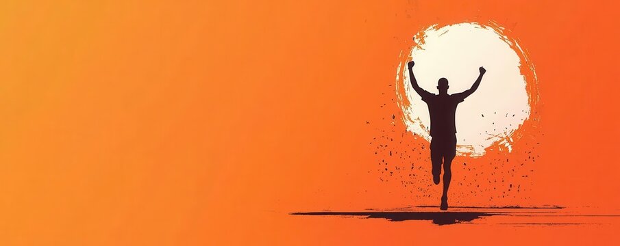 Triumphant marathon runner, arms raised, flat design illustration