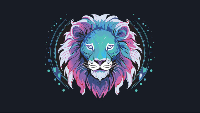 8K FUHD Lions Head Vector Logo on Black Background. Pink and Cyan with Magical Feeling.