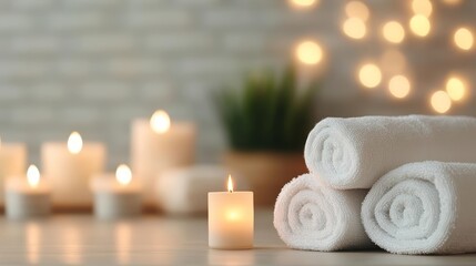 Closeup of a spa setup with candles and towels, relaxing atmosphere, rejuvenating Labor Day experience