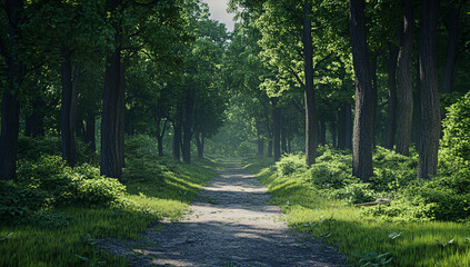 Obraz premium A tranquil forest with a dirt road cutting through the lush greenery, perfect for outdoor and nature-themed content.