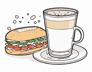 Latte and sandwich. Hand drawn outline sketch vector illustrationt with color fills isolated on white background
