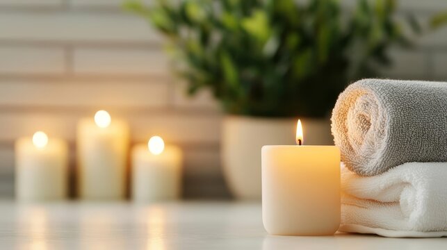 Closeup of a spa setup with candles and towels, relaxing atmosphere, rejuvenating Labor Day experience