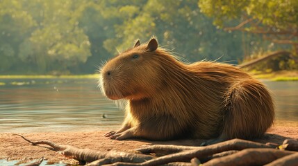A capybara is resting on the riverbank, a water pig is basking in the rays of the sun