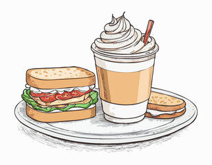 Latte and sandwich. Hand drawn outline sketch vector illustrationt with color fills isolated on white background

