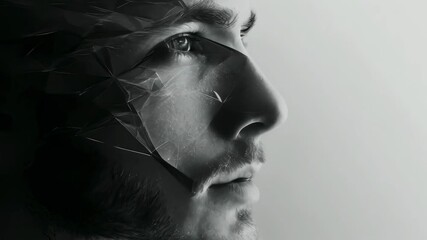 A close-up of a young Caucasian man's face with a beard, featuring a digital geometric overlay. The monochrome image suggests a futuristic and conceptual artistic theme, portrayed in high contrast. - Powered by Adobe