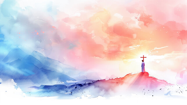 Calvary Christian worship background jesus christ crucifixion resurrection abstract landscape watercolor heaven faith god religious easter sunday church spiritual banner savior cross bible belief