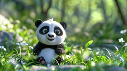 Fototapeta premium Cute Adorable Whimsical 3D Cartoon Baby Panda Character in a Vibrant Natural Green Environment, Children-Friendly Fantasy Style 