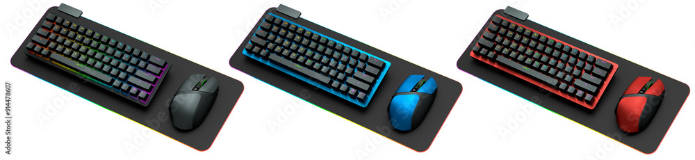 Poster collection of mechanical keyboards and mouse isolated on white background with clipping path. 3d ren