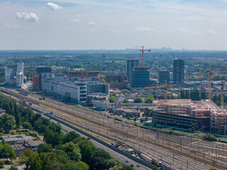 Obraz premium Aerial drone photo of the office buildings in the neighbourhood Binckhorst in Den Haag, the Netherlands