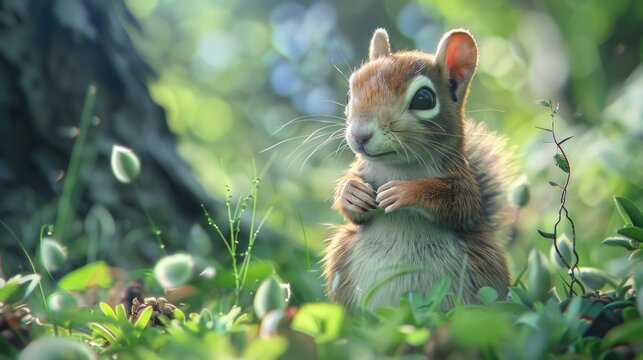 Cute Adorable Whimsical 3D Cartoon Baby Squirrel Character in a Vibrant Natural Green Environment, Children-Friendly Fantasy Style