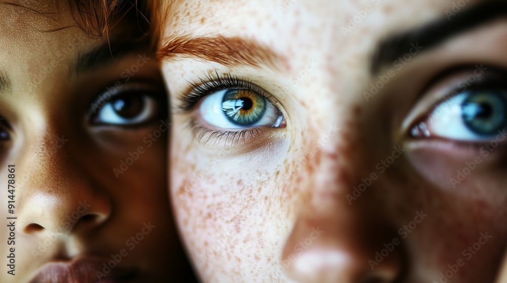 Poster close-up of two individuals displaying expressive eyes and unique features in natural light