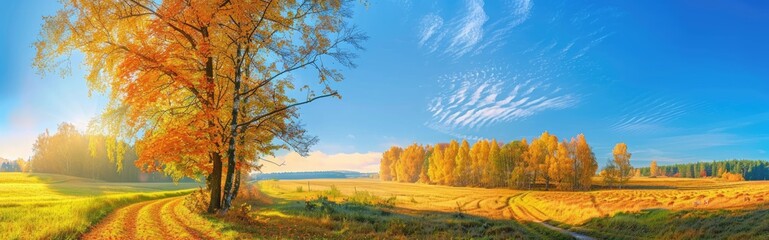 Naklejka premium Autumnal Landscape with Golden Trees and a Sunny Sky
