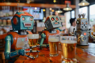 Two robots having fun while drinking beer in a bar. Ai generative art