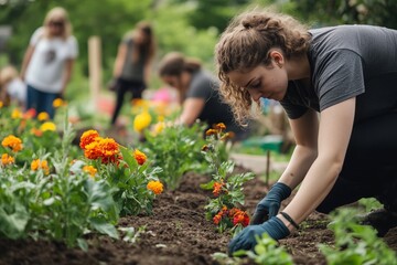 Fototapeta premium Community Gardening Day In Local Park With Volunteers Planting Flowers And Vegetables Together
