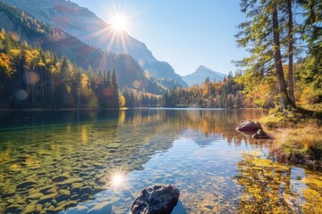 Naklejka premium Tranquil Mountain Lake with Clear Water and Autumn Colors