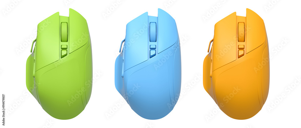 Poster set of wireless gaming computer mouse isolated on white background with clipping path. 3d render of 