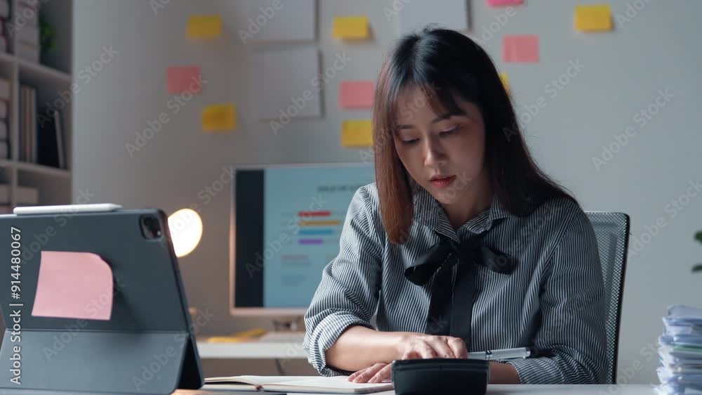 Aufkleber professional woman working at desk, calculating figures, and writing notes in an organized workspace