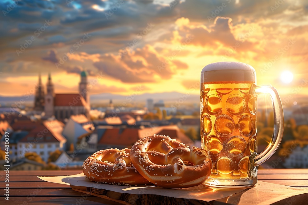 Wall mural Beer and salted pretzels on wooden background