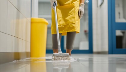 A meticulous cleaning professional in action at the office Cleaning