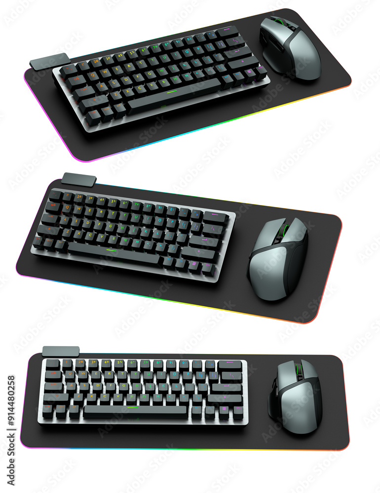 Poster collection of mechanical keyboards and mouse isolated on white background with clipping path. 3d ren