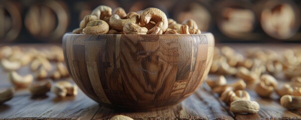 Wooden bowl filled with cashews, 4K hyperrealistic photo