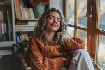 a happy woman sitting in her home office, relaxing with her eyes closed and smiling while doing yoga stretching on a chair near the window, wearing an orange sweater and white pants. Books are nearby
