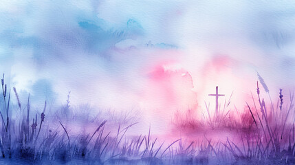 Christian cross silhouette on meadow at sunset background Watercolor painting illustration art religious Easter concept