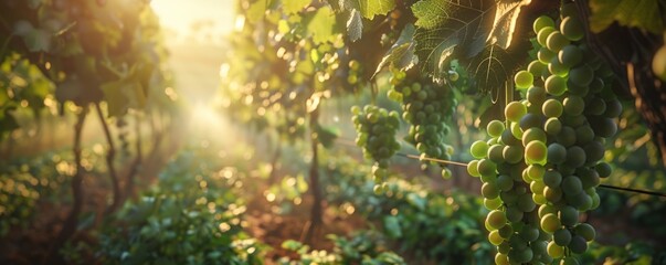 Fototapeta premium Vineyard with grapevines heavy with fruit, bathed in warm sunlight, 4K hyperrealistic photo