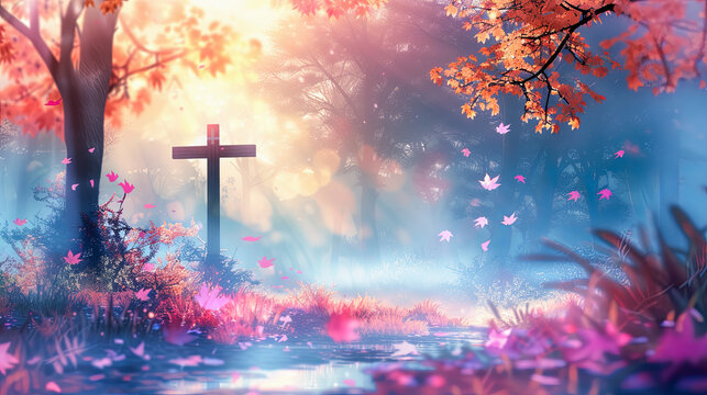 Wooden cross autumn forest fall leaves colorful peaceful nature landscape background serene tranquil scenery beautiful vibrant scenic environment outdoor trees fall foliage