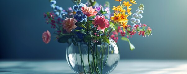 Transparent glass vase with colorful flowers, 4K hyperrealistic photo
