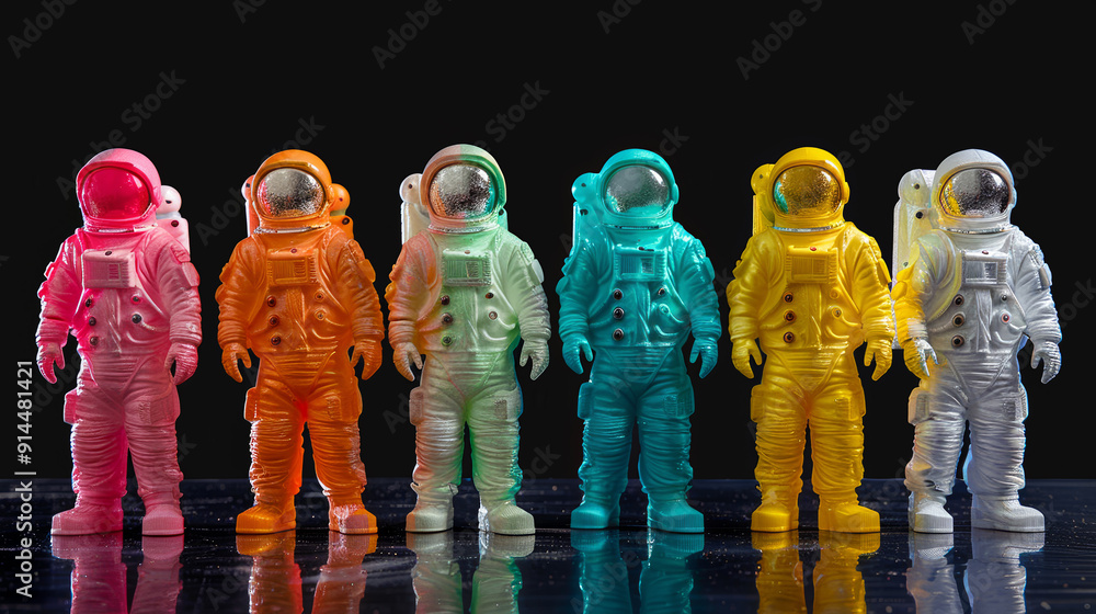 Aufkleber a row of colorful space suits are lined up on a table