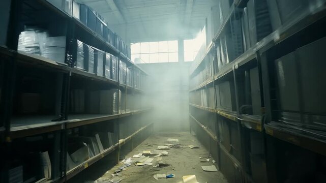 Large warehouse of archival dusty documents. Dust motes dance in the air, a testament to the age of the documents housed within this sprawling, silent repository.