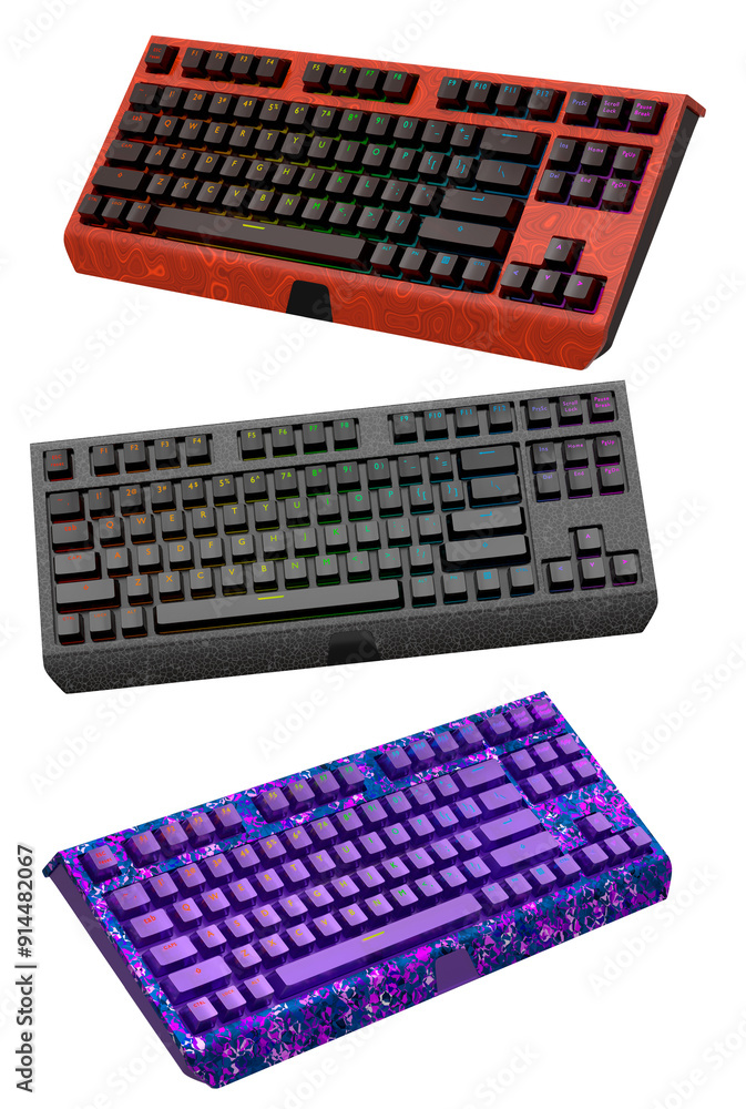 Poster collection of mechanical keyboards isolated on white background with clipping path. 3d rendering of 