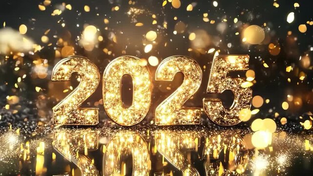 The festive atmosphere highlights the celebration of the new year, showcasing bright lights and shimmering decorations for 2025