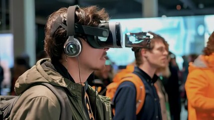 Two young Caucasian men are immersed in a virtual reality experience during the day at an indoor event. Both wear VR headsets and headphones, and one wears a brown jacket. The mood is focused.