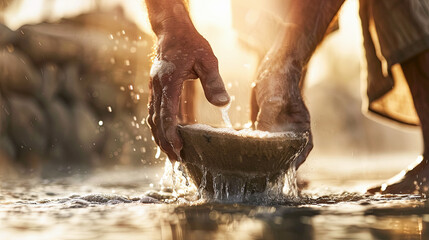 Man washing clay bowl in water Pottery workshop tradition craftsmanship handmade ceramic craft ancient skills artisan work