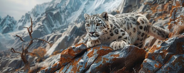 Naklejka premium Snow leopard on a rocky cliff, 4K hyperrealistic photo